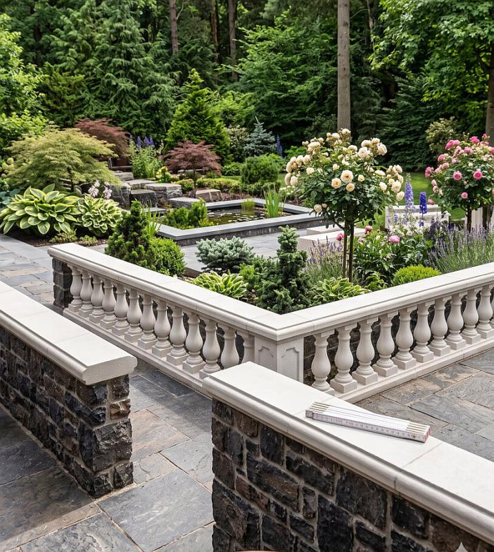Weiße Balustrade und profilierte Mauerabdeckung in einer Gartenanlage